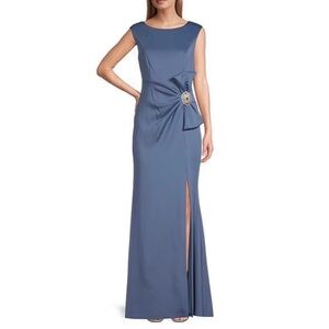 JESSICA HOWARD Boat Neck Cap Sleeve Gown in Blue with Bow / Embellishment